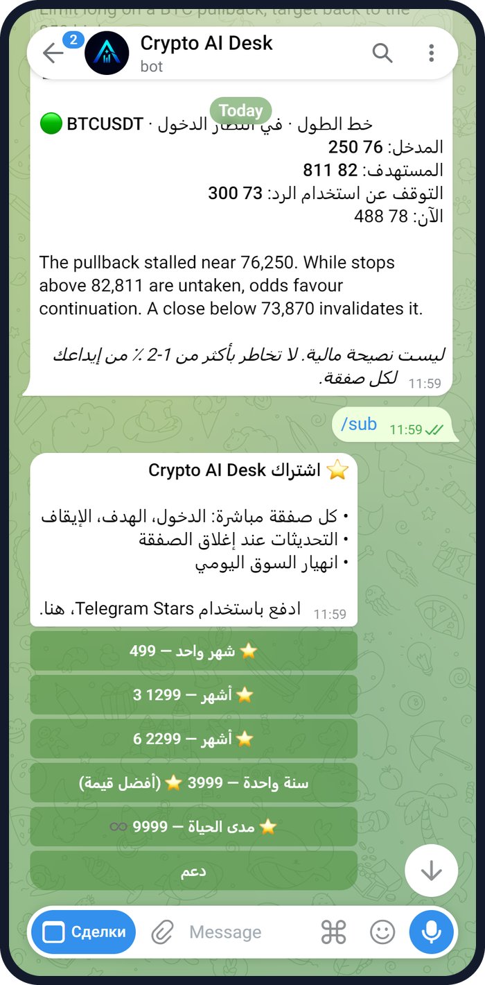 الشاشة الأولى لبوت Crypto AI Desk مع صفقات ZEC وBTC الجارية