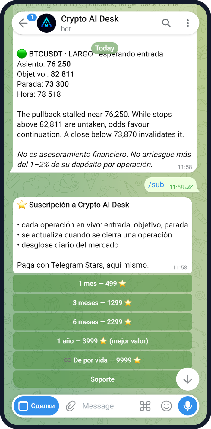 Primera pantalla del bot Crypto AI Desk con operaciones activas de ZEC y BTC