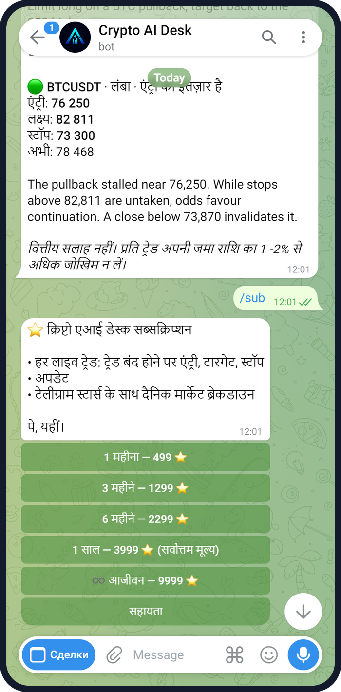 Crypto AI Desk बॉट की पहली स्क्रीन, जिसमें ZEC और BTC के चालू ट्रेड हैं