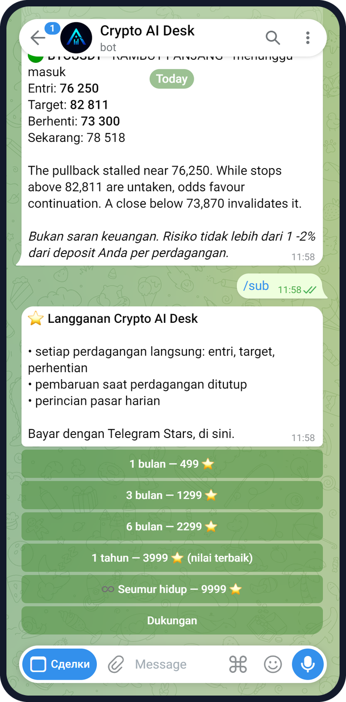 Layar pertama bot Crypto AI Desk dengan transaksi aktif ZEC dan BTC