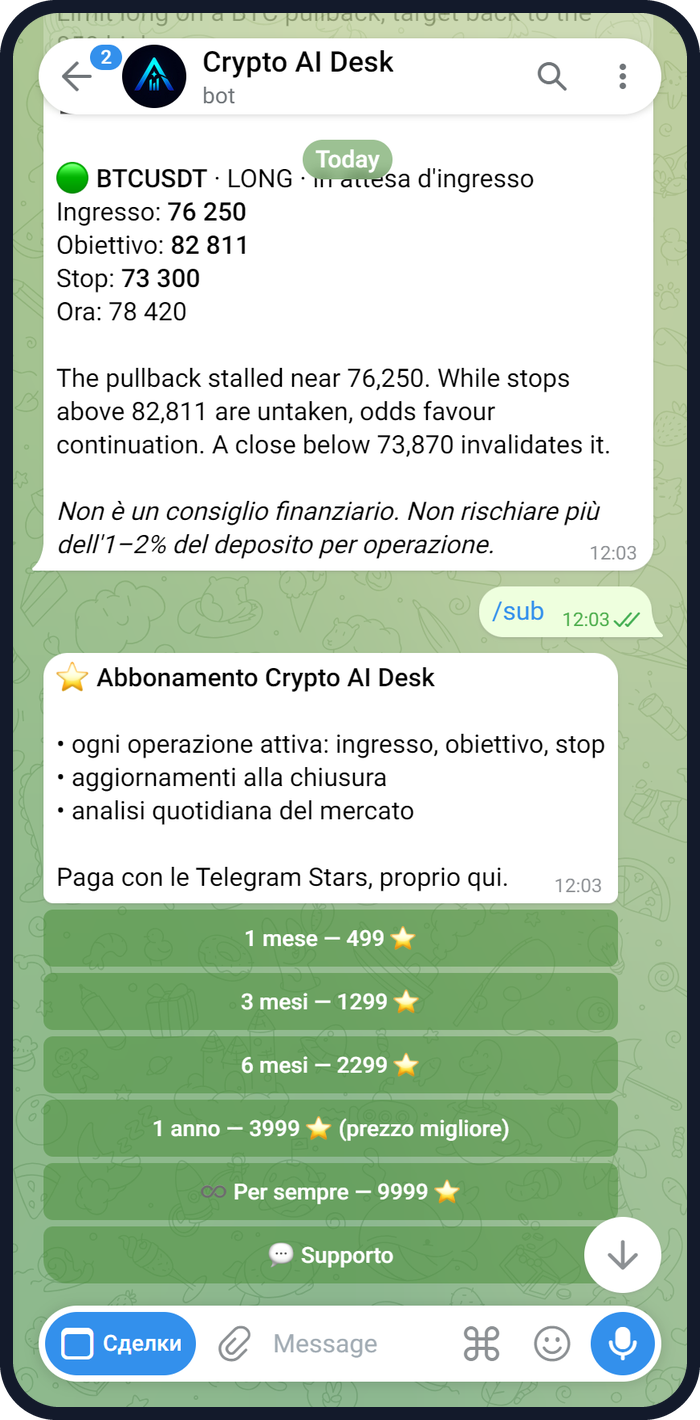 Prima schermata del bot Crypto AI Desk con le operazioni attive su ZEC e BTC
