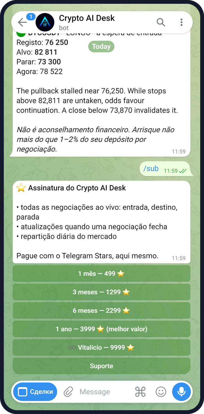 Primeira tela do bot Crypto AI Desk com operações ativas de ZEC e BTC