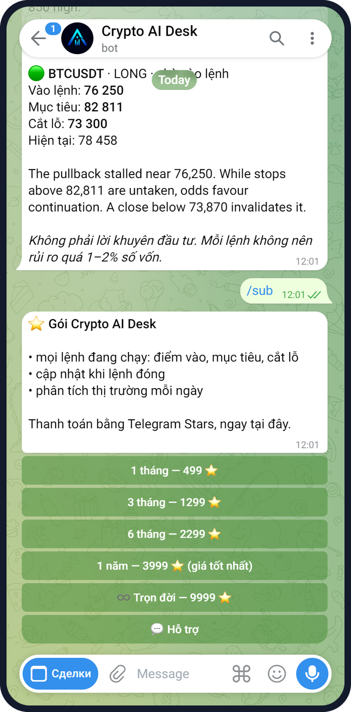 Màn hình đầu tiên của bot Crypto AI Desk với các lệnh ZEC và BTC đang chạy